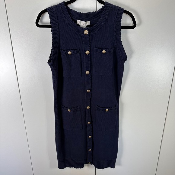 NWT Caroline Constas New York Sleeveless Button Front Knit Dress Small Navy Blue - Picture 1 of 9